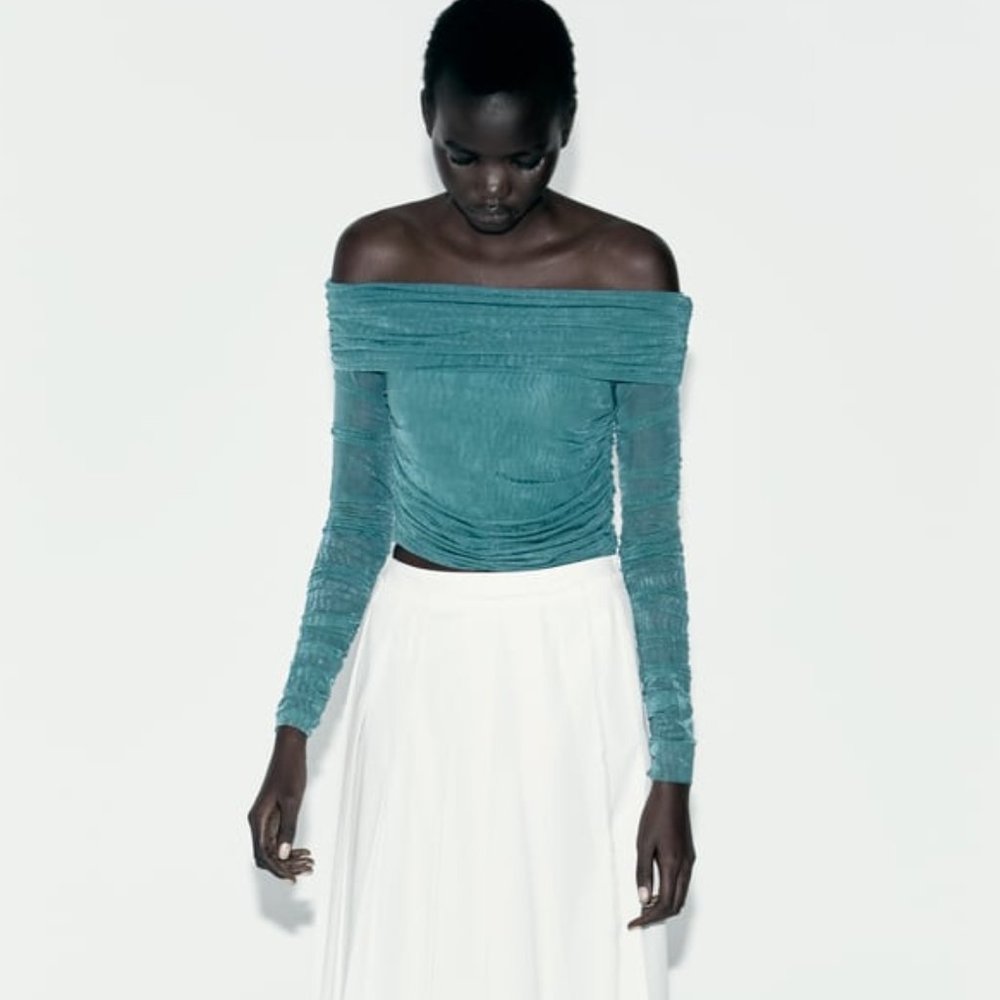 NWT OFF THE SHOULDER TEAL ORGANZA BLUE GREEN TOP